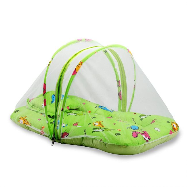 LuvLap Baby Mattress with Mosquito Net, Bedding Set with Thick Base, Soft Pillow and Zip Closure, 6M+, Dino Print, 75x40x40cm (Light Green)