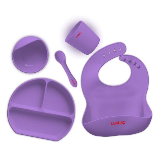 LuvLap 5 - in - 1 Silicone Baby Cutlery Set, Baby Feeding & weansing essentials - Divider Plate with suction base, Tumbler, Bib with crumb catcher, Food Bowl with suction base, Silicone Spoon (Purple)