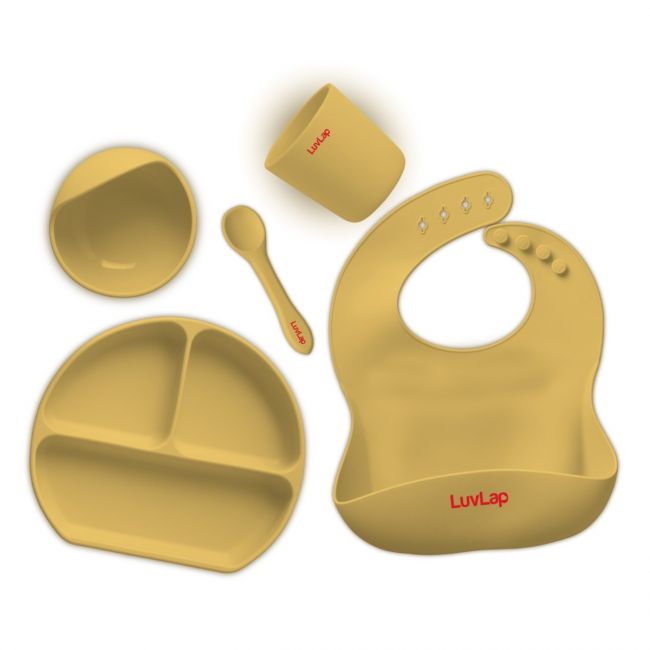 LuvLap 5 - in - 1 Silicone Baby Cutlery Set, Baby Feeding & weansing essentials - Divider Plate with suction base, Tumbler, Bib with crumb catcher, Food Bowl with suction base, Silicone Spoon ( Yellow )