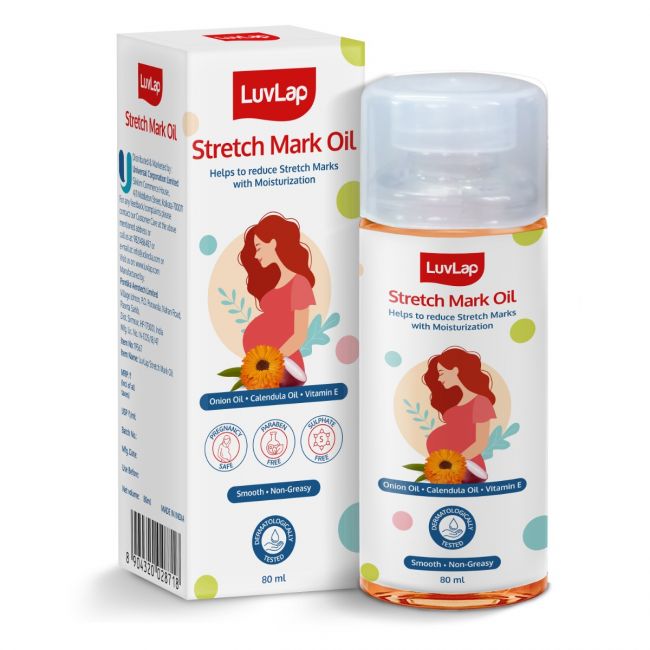 LuvLap Stretch Mark Oil for pregnant ladies & new mothers, lightweight oil for stretch mark removal & prevention, smooth, silky & non greasy, enriched in Onion oil, calendula oil and Vitamin E, 80ml