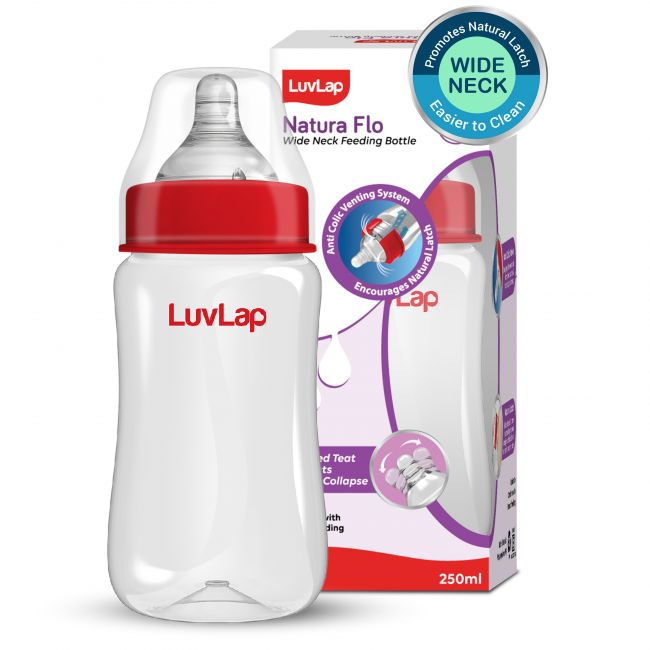 LuvLap Anti-Colic Wide Neck Natura Flo Baby Feeding Bottle, 250ml