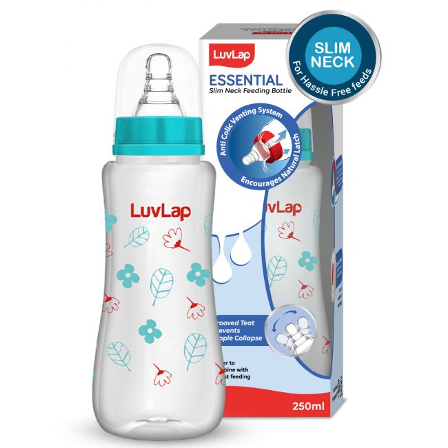 LuvLap Anti-Colic Slim Neck Essential Baby Feeding Bottle, 250ml, Wild Flower