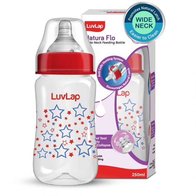 LuvLap Anti-Colic Wide Neck Natura Flo Baby Feeding Bottle, 250ml