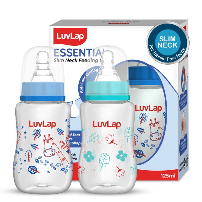 LuvLap Anti-Colic Slim/Regular Neck Essential Baby Feeding Bottle, 125ml (Pack of 2)