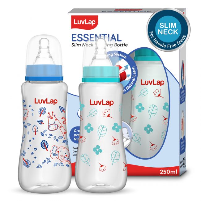 LuvLap Anti-Colic Slim / Regular Neck Essential Baby Feeding Bottle, 250ml (Pack of 2)