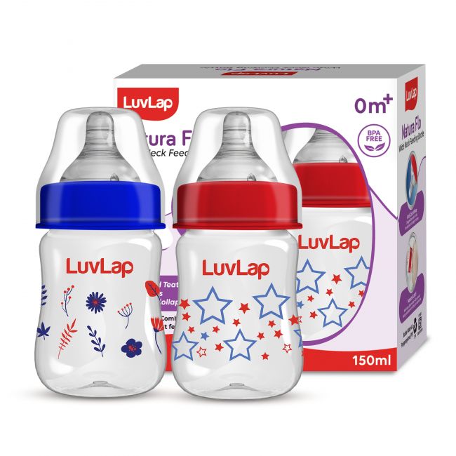 LuvLap Anti-Colic Wide Neck Natura Flo Baby Feeding Bottle, 150ml (Pack of 2)