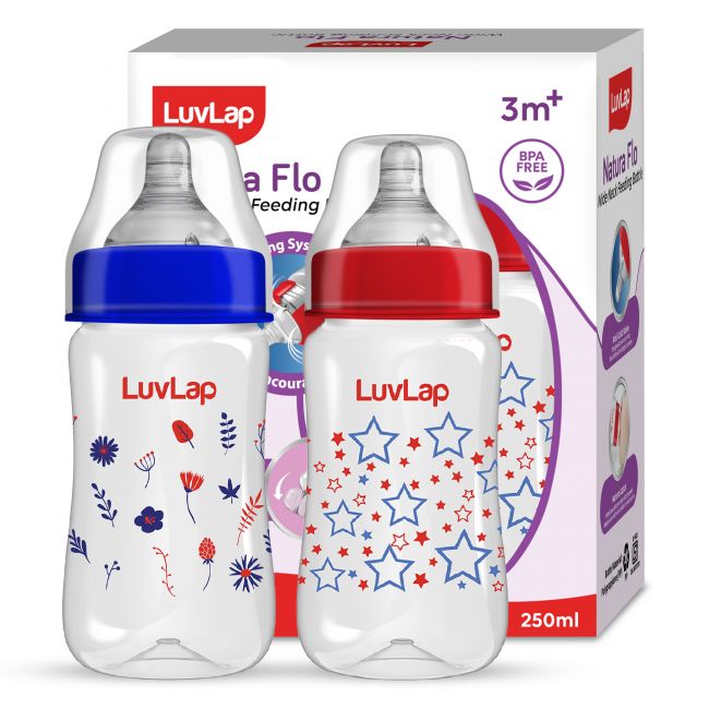 LuvLap Anti-Colic Wide Neck Natura Flo Baby Feeding Bottle, 250ml (Pack of 2)