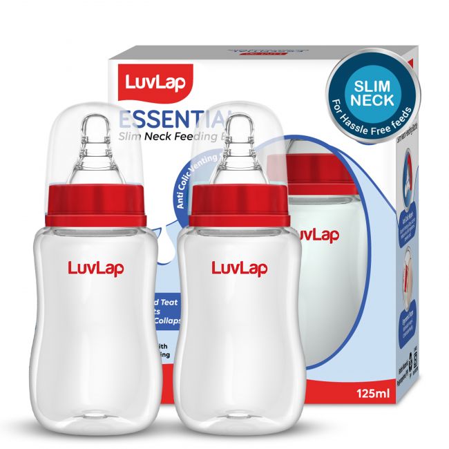 LuvLap Anti-Colic Slim/Regular Neck Essential Baby Feeding Bottle, 125ml (Pack of 2)