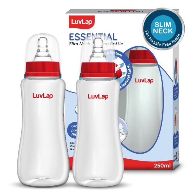 LuvLap Anti-Colic Slim/Regular Neck Essential Baby Feeding Bottle, 250ml (Pack of 2)