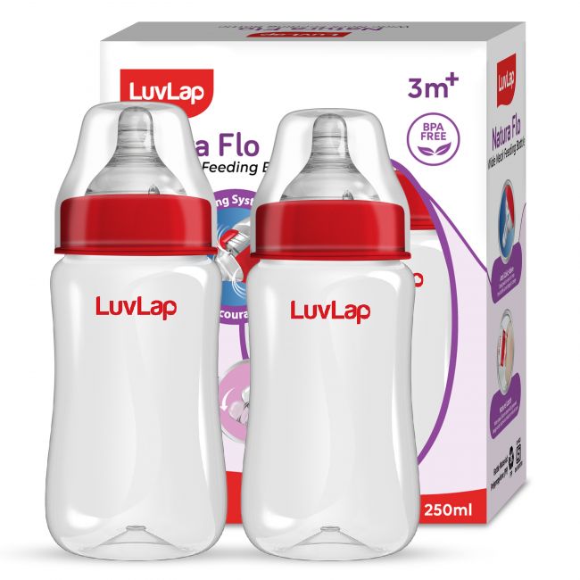 LuvLap Anti-Colic Wide Neck Natura Flo Baby Feeding Bottle, 250ml (Pack of 2)