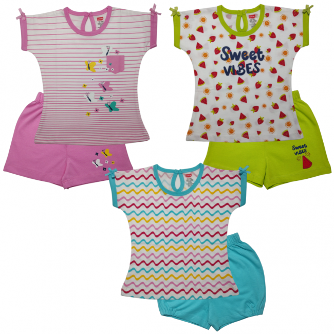 LuvLap Half Sleeve Girls Top & Shorts Sets Pack Of 3, XL Size