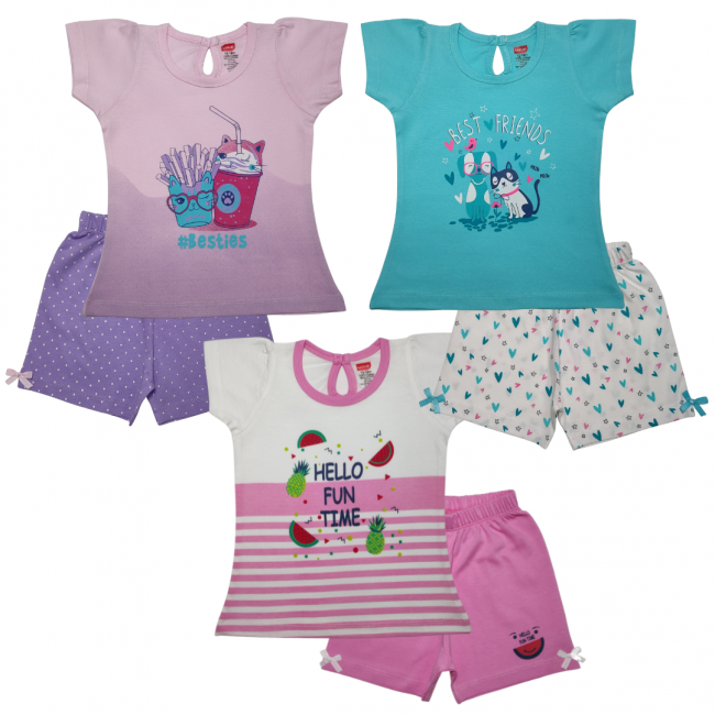 LuvLap Half Sleeve Girls Top & Shorts Sets Set of 3, M Size
