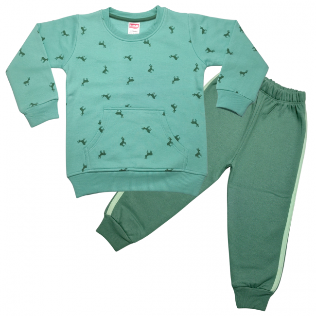LuvLap Fleece Cotton Full Sleeves Winter Wear Sweatshirt & Pyjama Set Deer Print- Lt Pastel Green 