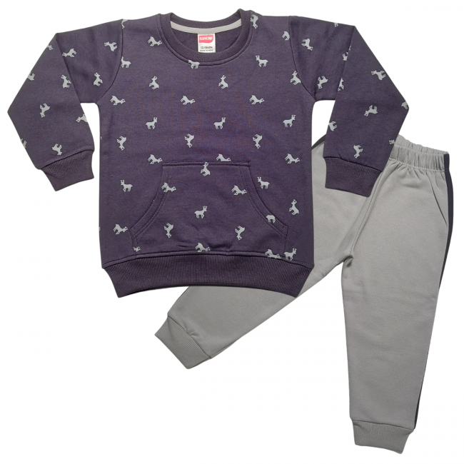 LuvLap Fleece Cotton Full Sleeves Winter Wear Sweatshirt & Pyjama Set Deer Print - Steel Grey