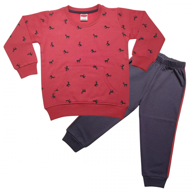 LuvLap Fleece Cotton Full Sleeves Winter Wear Sweatshirt & Pyjama Set Deer Print - Break Red