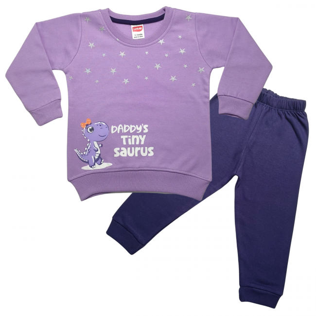 LuvLap Fleece Cotton Full Sleeves Winter Wear Sweatshirt & Pyjama Set Stars & Dinosaur Print - Lilac