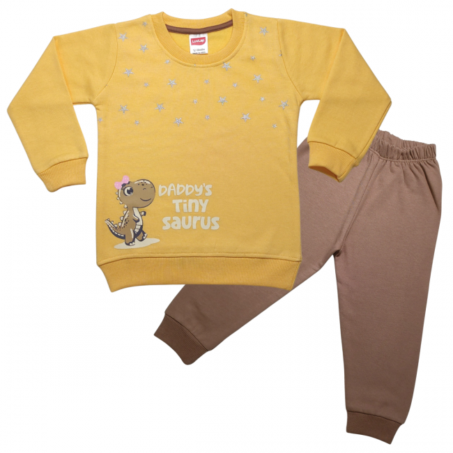 LuvLap Fleece Cotton Full Sleeves Winter Wear Sweatshirt & Pyjama Set Stars & Dinosaur Print - Sunflower
