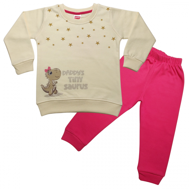 LuvLap Fleece Cotton Full Sleeves Winter Wear Sweatshirt & Pyjama Set Stars & Dinosaur Print - Off White