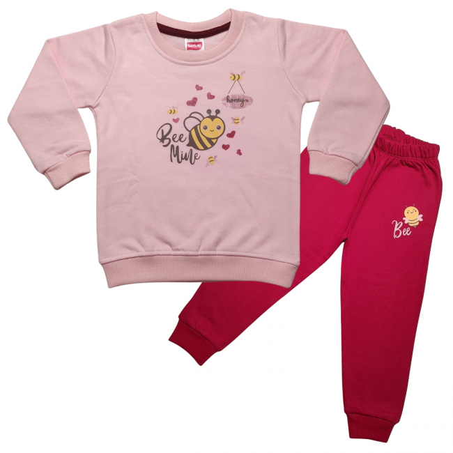 LuvLap Fleece Cotton Full Sleeves Winter Wear Sweatshirt & Pyjama Set Honey Bee Print - Pink Rose