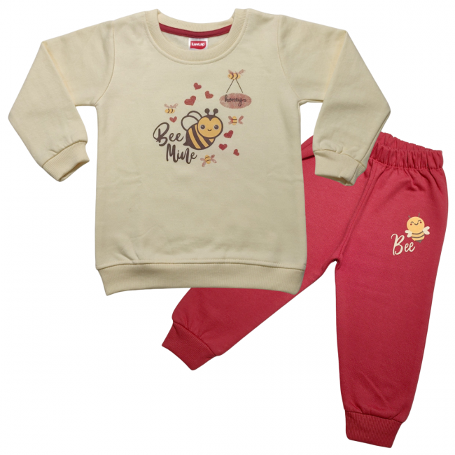 LuvLap Fleece Cotton Full Sleeves Winter Wear Sweatshirt & Pyjama Set Honey Bee Print - Off White