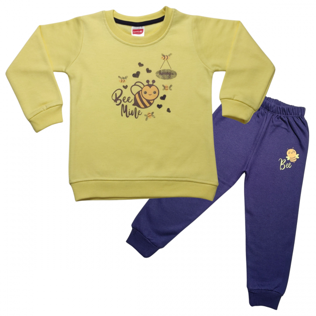 LuvLap Fleece Cotton Full Sleeves Winter Wear Sweatshirt & Pyjama Set Honey Bee Print - Yellow
