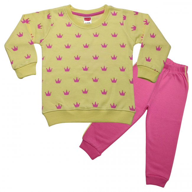 LuvLap Fleece Cotton Full Sleeves Winter Wear Sweatshirt & Pyjama Set Crown Print - Yellow