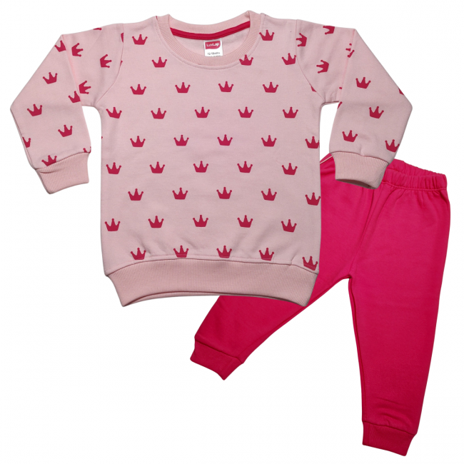 LuvLap Fleece Cotton Full Sleeves Winter Wear Sweatshirt & Pyjama Set Crown Print - Pink Rose
