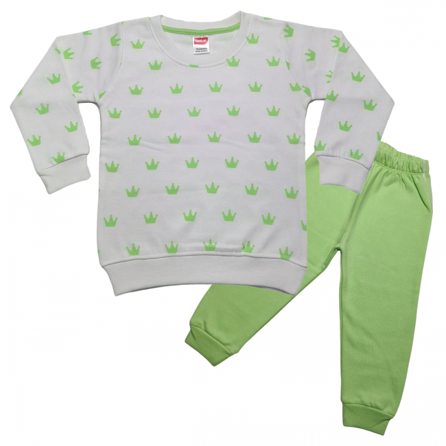 LuvLap Fleece Cotton Full Sleeves Winter Wear Sweatshirt & Pyjama Set Crown Print - White