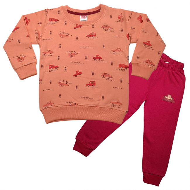 LuvLap Fleece Cotton Full Sleeves Winter Wear Sweatshirt & Pyjama Set Car Print - Sweat Peach