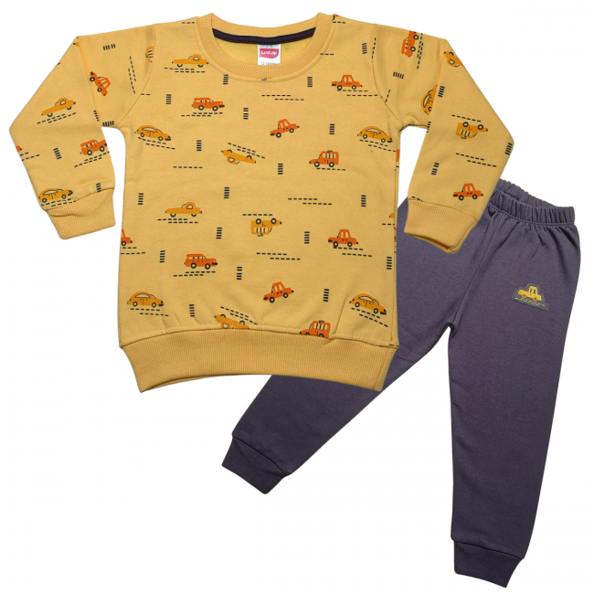LuvLap Fleece Cotton Full Sleeves Winter Wear Sweatshirt & Pyjama Set Car Print - Sunflower