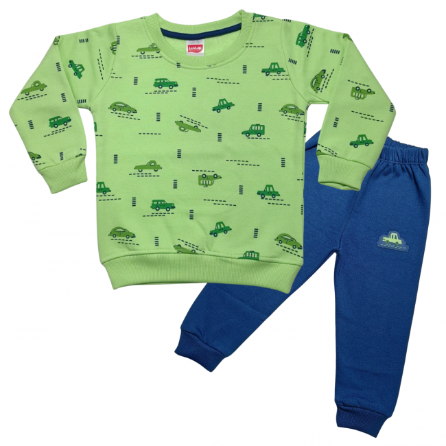 LuvLap Fleece Cotton Full Sleeves Winter Wear Sweatshirt & Pyjama Set Car Print - Paradise Green