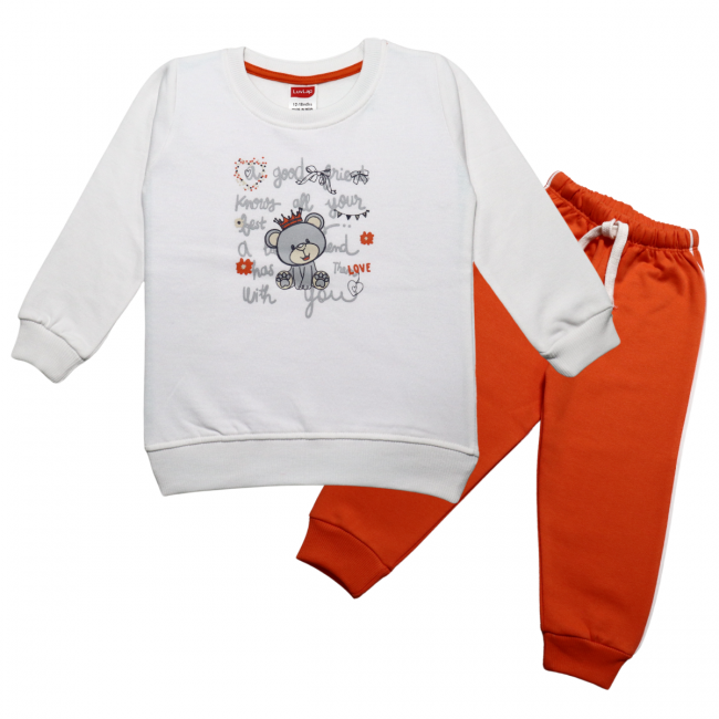 LuvLap Fleece Cotton Full Sleeves Winter Wear Sweatshirt & Pyjama Set Teddy Bear Print - White