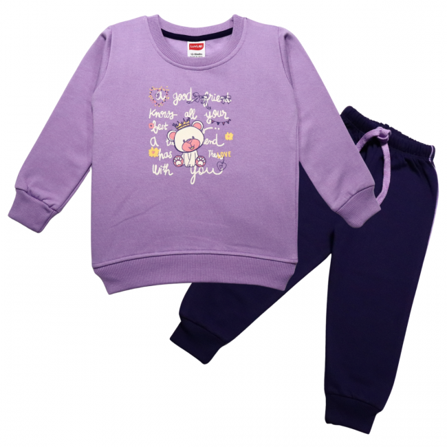 LuvLap Fleece Cotton Full Sleeves Winter Wear Sweatshirt & Pyjama Set Teddy Bear Print - Lilac
