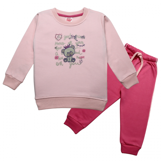 LuvLap Fleece Cotton Full Sleeves Winter Wear Sweatshirt & Pyjama Set Teddy Bear Print - Pink Rose