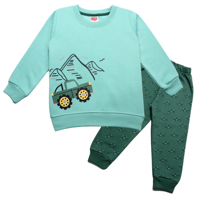 LuvLap Fleece Cotton Full Sleeves Winter Wear Sweatshirt & Pyjama Set Mountains & Jeep Print - Lt. Pastel Green