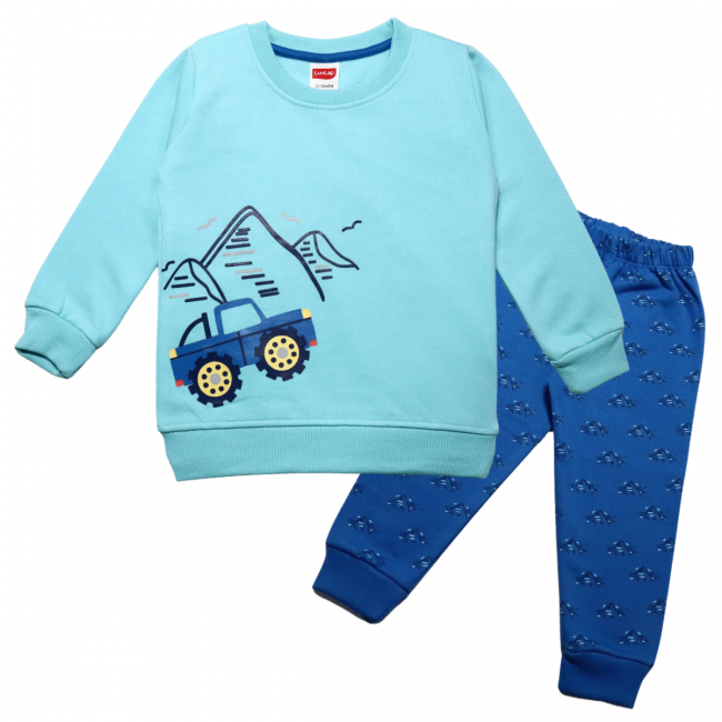 LuvLap Fleece Cotton Full Sleeves Winter Wear Sweatshirt & Pyjama Set Mountains & Jeep Print - Aqua