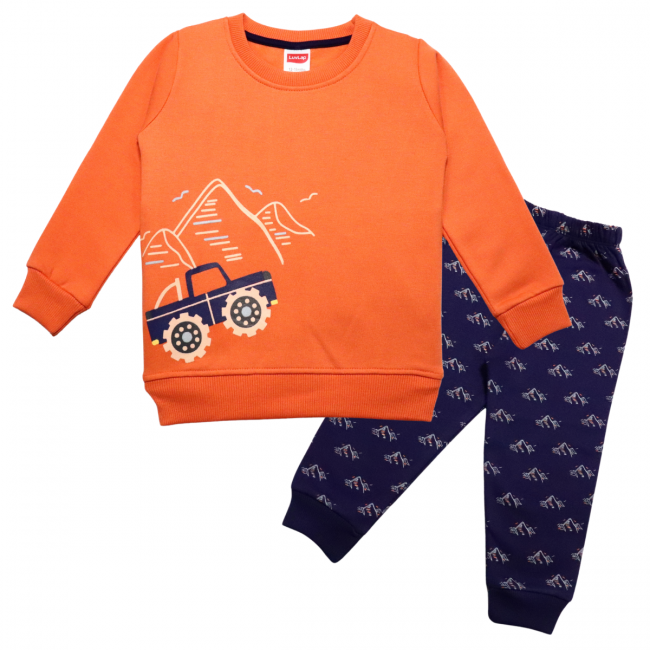 LuvLap Fleece Cotton Full Sleeves Winter Wear Sweatshirt & Pyjama Set Mountains & Jeep Print - Orange