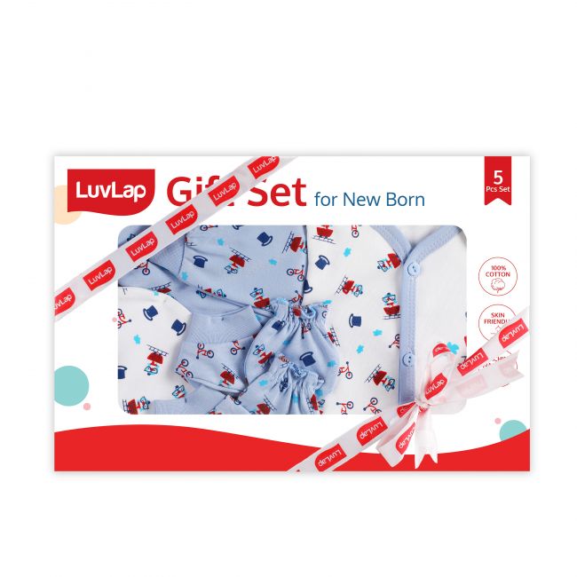 LuvLap Newborn Baby Gift Set of 5 items, 0-3 months, White Boat Hats Print