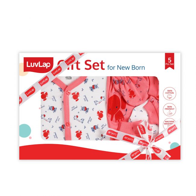 LuvLap Newborn Baby Gift Set of 5, White Zoo Animal Print