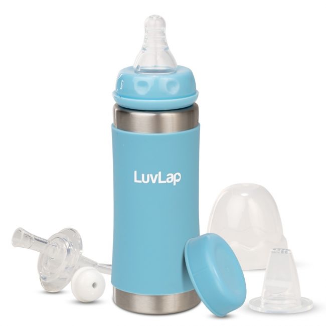 LuvLap 4 in 1 Steel Baby bottle cum Sipper, made of SS304 Rust free steel, Heat protective Silicone Cover, BPA Free, Odour free, Anti colic Nipple, Spout, Weighted Straw & Cap, Blue, 3M+, 240 ml