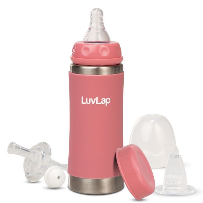 LuvLap 4 in 1 Steel Baby bottle cum Sipper, made of SS304 Rust free steel, Heat protective Silicone Cover, BPA Free, Odour free, Anti colic Nipple, Spout, Weighted Straw & Cap, Pink, 3M+, 240 ml