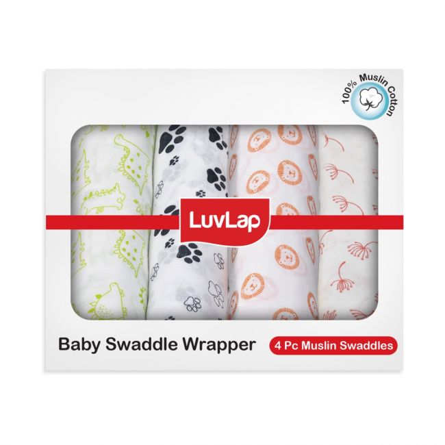 LuvLap 100% Cotton Muslin Baby Swaddles, Animals & Floral White Print, 0-18M+, Pack of 4