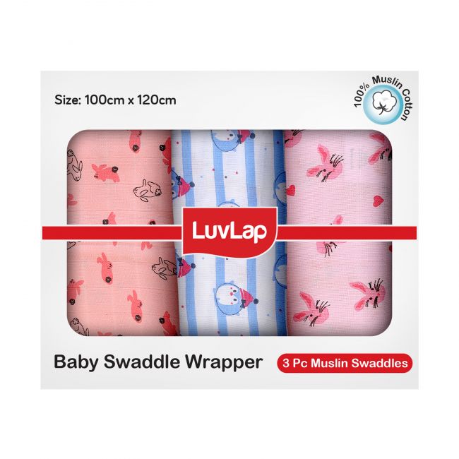 LuvLap 100% Cotton Muslin Baby Swaddles set, Penguin Rabbit Print, 0-18 Month+, Pack of 3