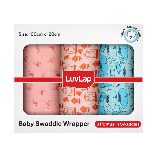 LuvLap 100% Cotton Muslin Baby Swaddles set, Fish Cage Print, 0-18 Month+, Pack of 3