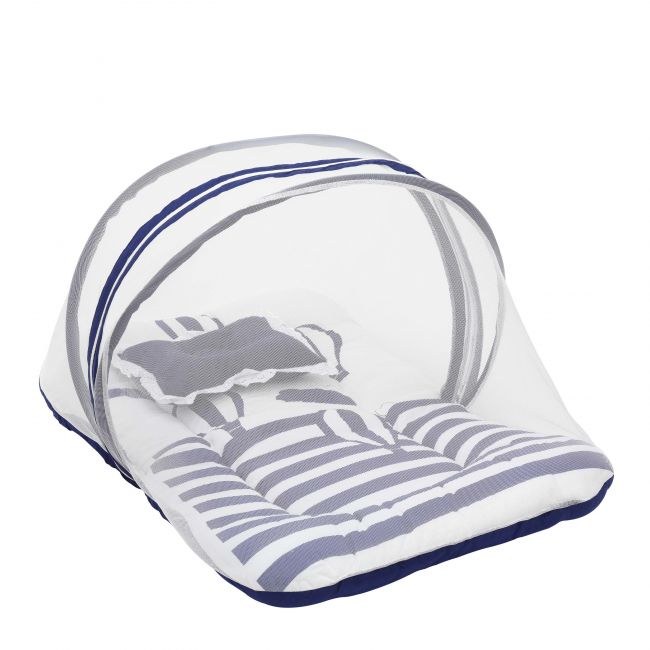 LuvLap Baby Bed with thick Mattress with Mosquito Net (White & Blue)