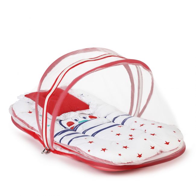 LuvLap Baby Bed with thick Mattress & Mosquito Net (White & Red)