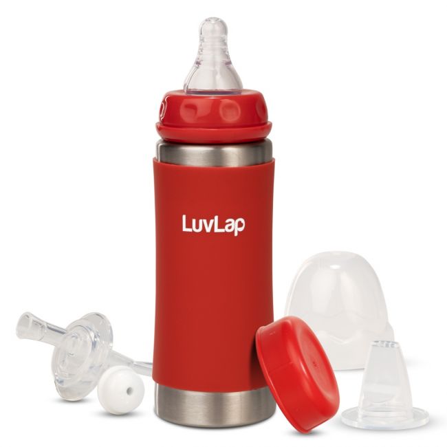 LuvLap 4 in 1 Steel Baby bottle cum Sipper, made of SS304 Rust free steel, Heat protective Silicone Cover, BPA Free, Odour free, Anti colic Nipple, Spout, Weighted Straw & Cap, Red, 3M+, 240 ml