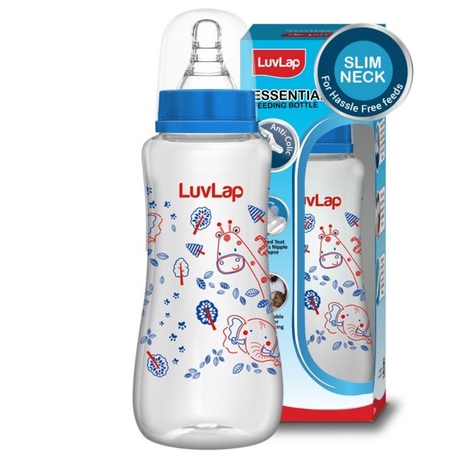 LuvLap Anti-Colic Slim Neck Essential Baby Feeding Bottle, 250ml, Jungle Tales (Blue)