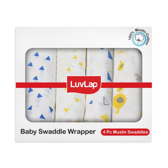 LuvLap 100% Cotton Muslin Baby Swaddles, Triangles & Birds White Print, 0-18M+, Pack of 4