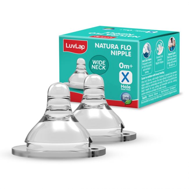LuvLap Anti-Colic Natura Flo Teat/Nipple for Wide Neck Bottle, 2pcs, Variable Flow